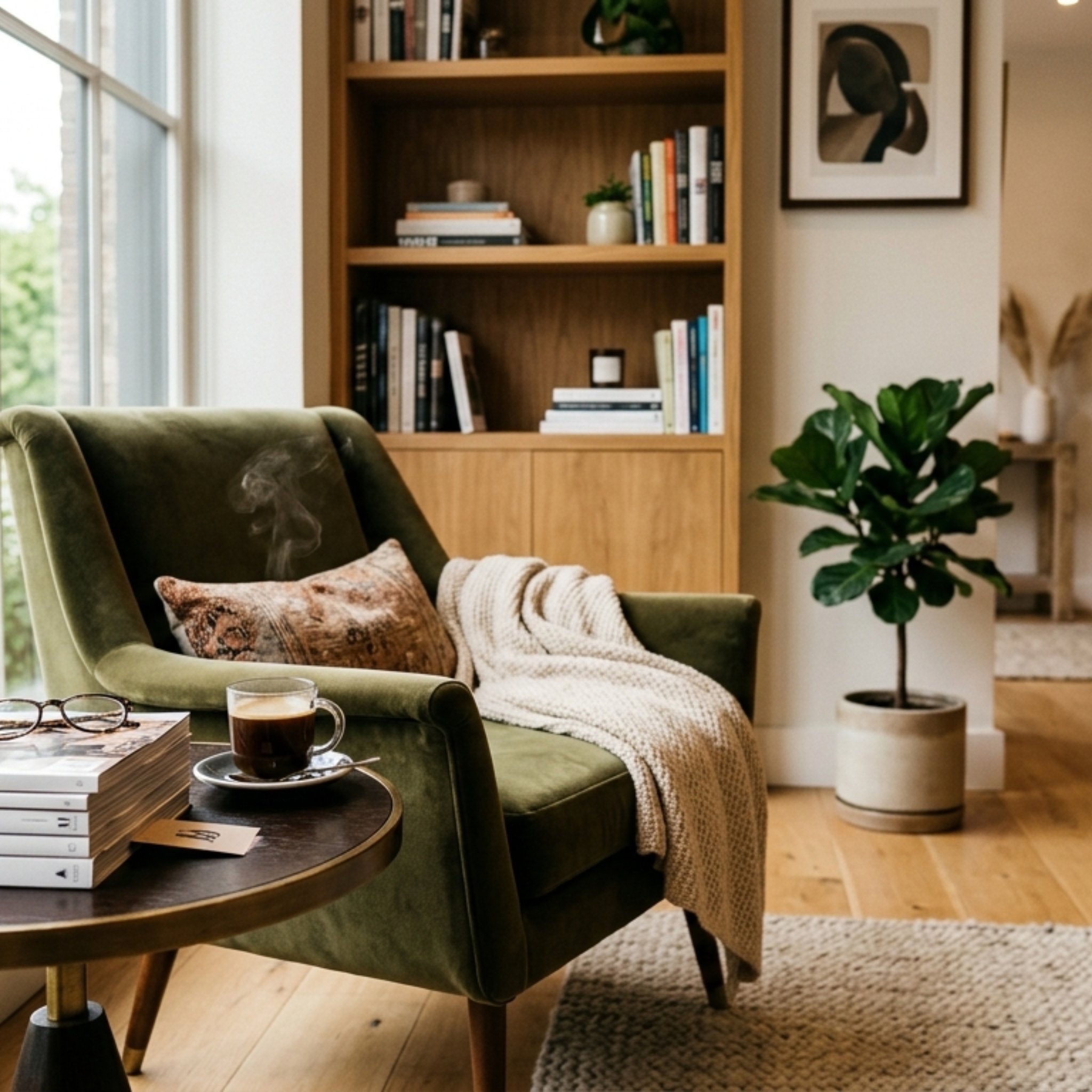 Stylish modern salon reading corner with magazines