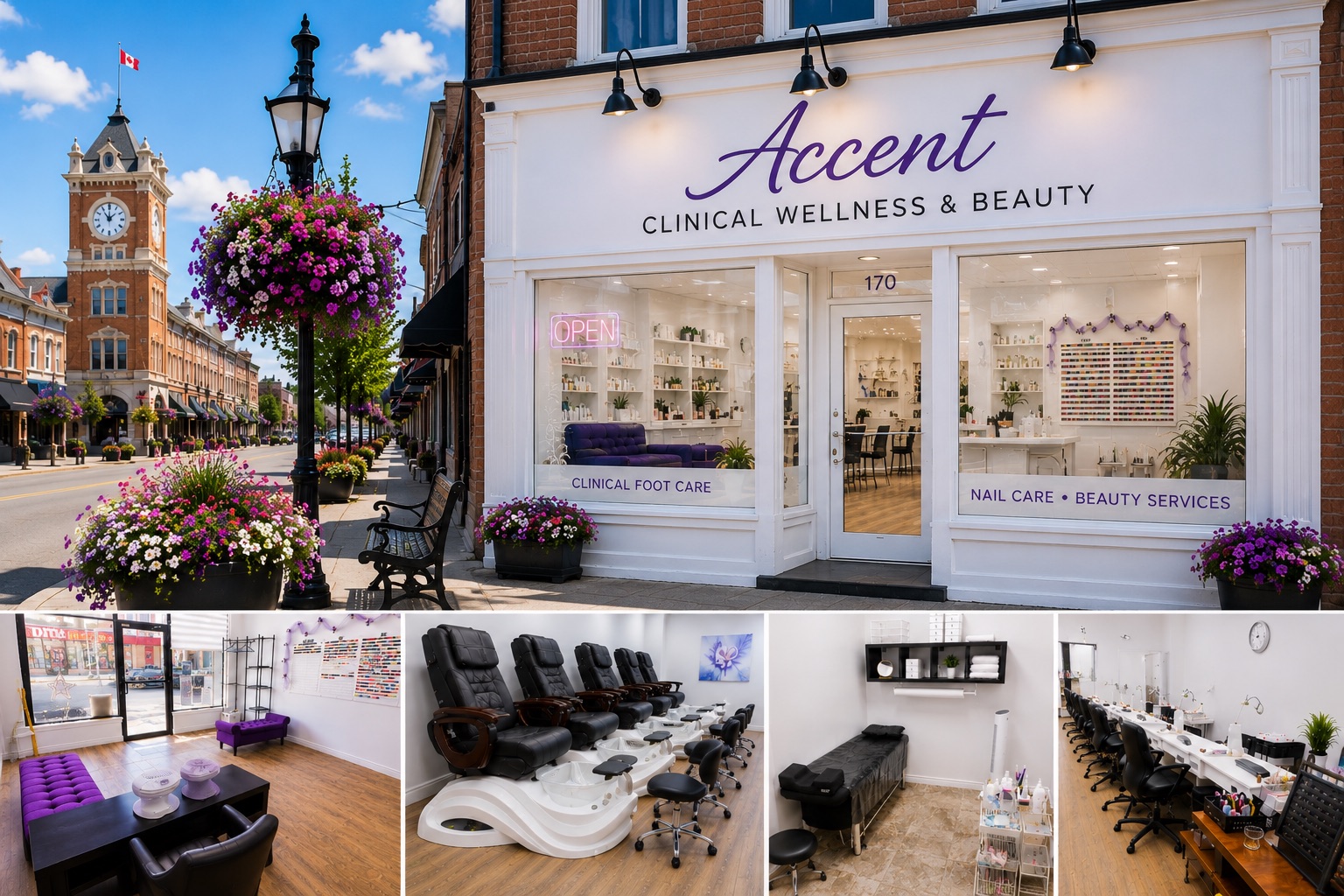 Interior collage of the Accent salon in Walkerton, Ontario — manicure stations, pedicure chairs, and treatment rooms.