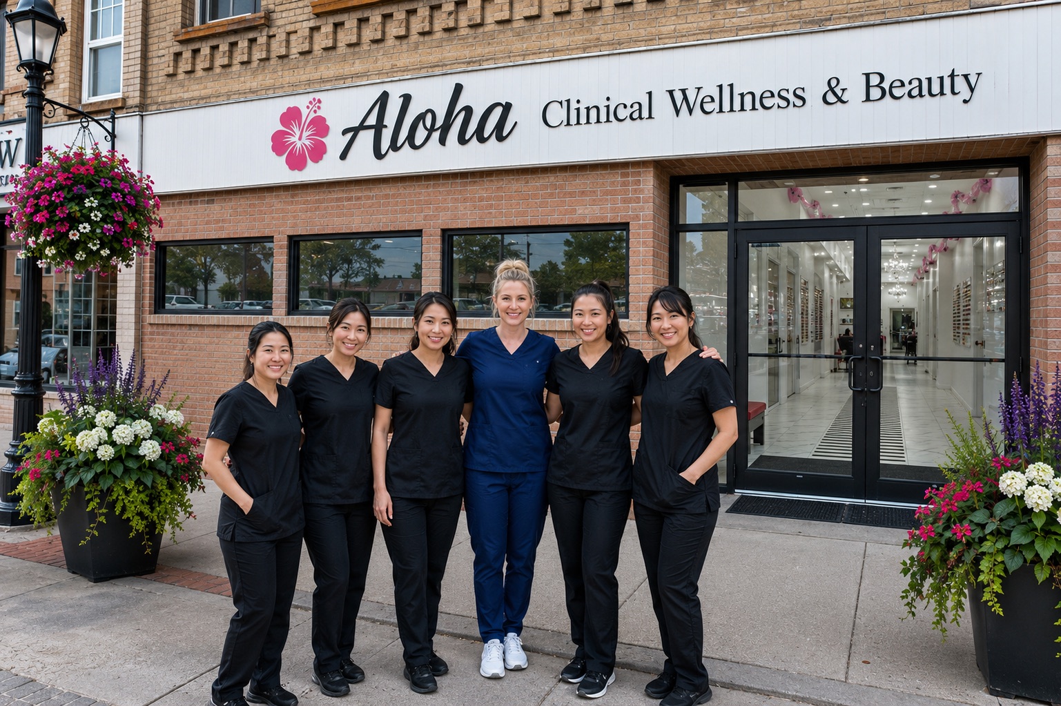 Interior collage of the Aloha salon in Kincardine, Ontario — manicure stations, pedicure chairs, and treatment rooms.