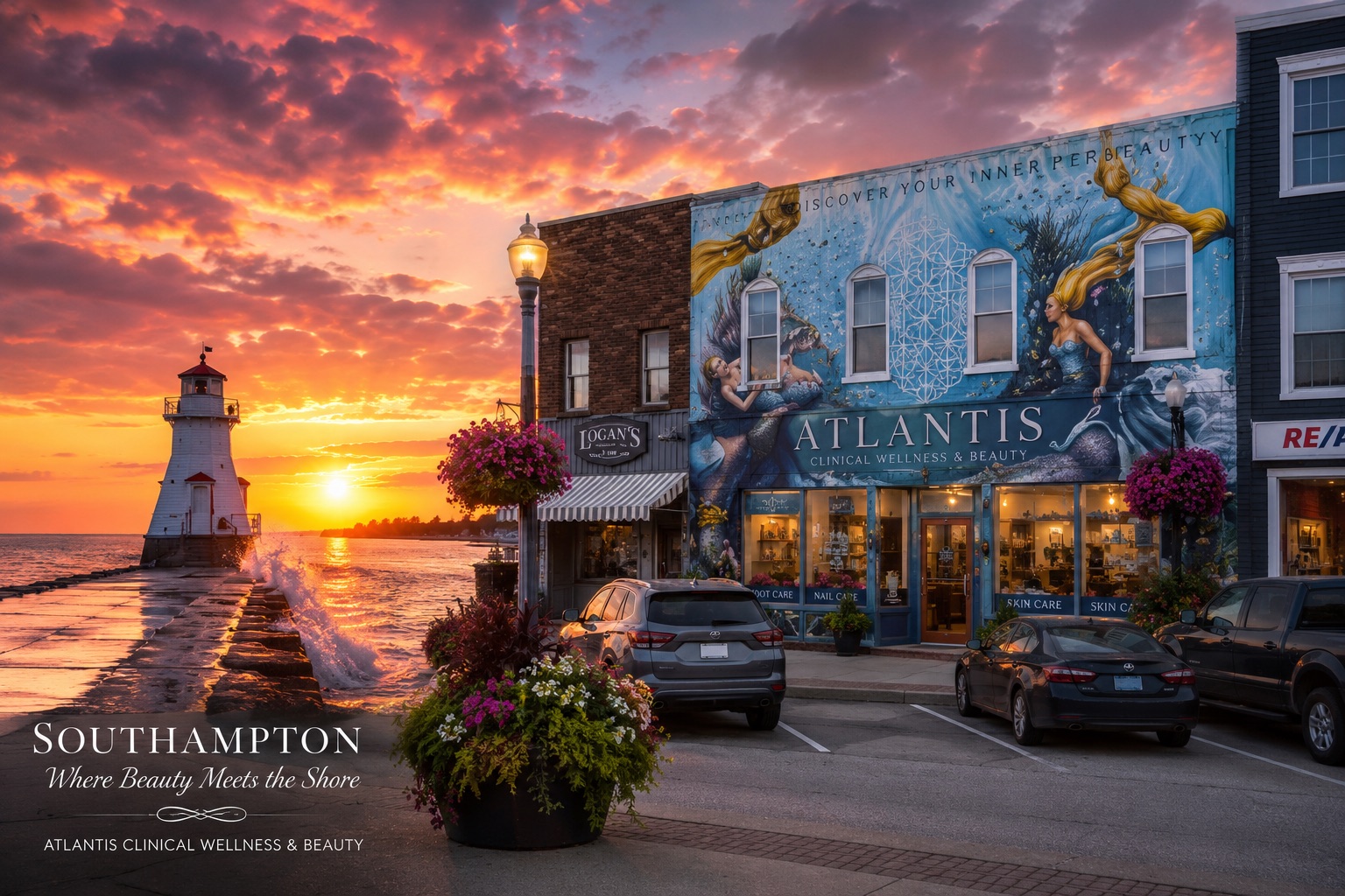 Interior collage of the Atlantis salon in Southampton, Ontario — manicure stations, pedicure chairs, and treatment rooms.