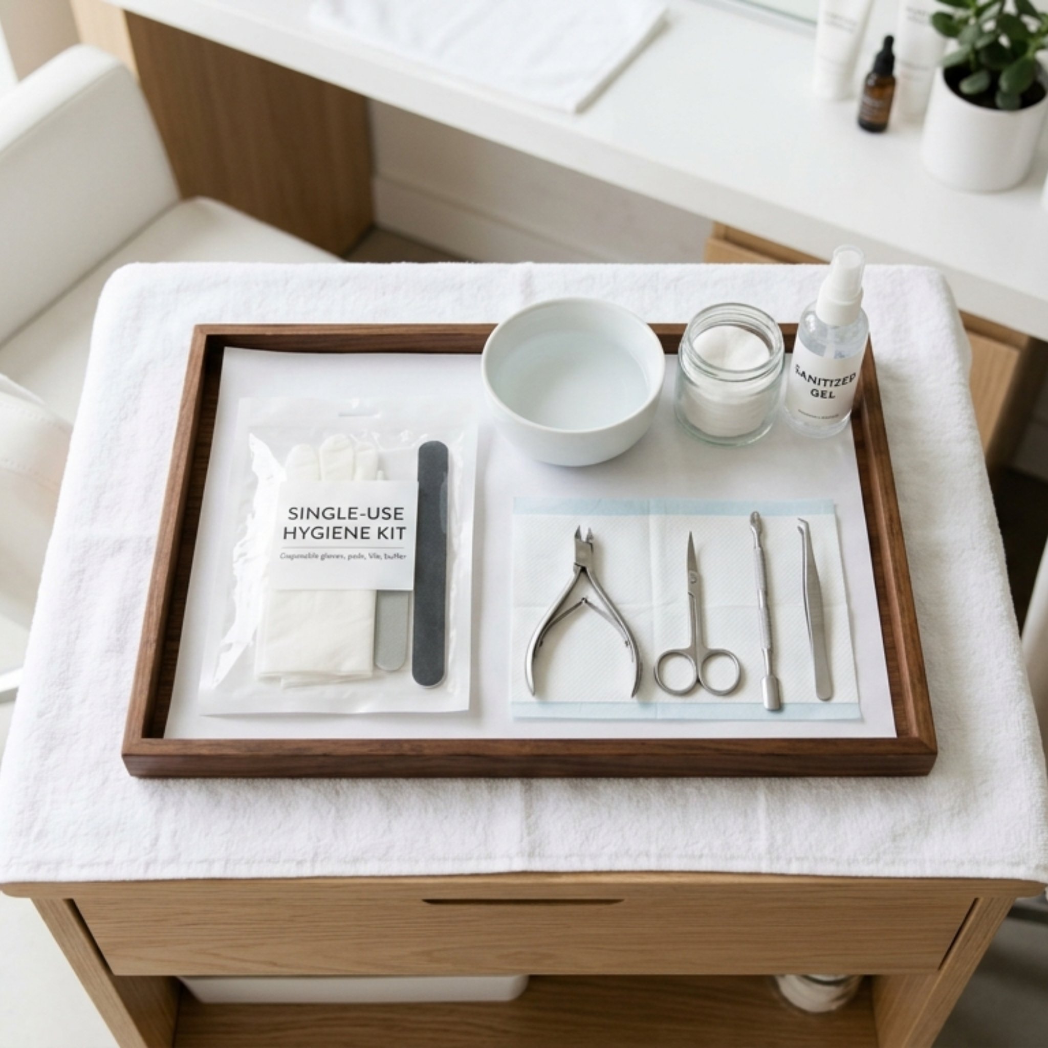 Clean salon workspace with single-use kit on tray